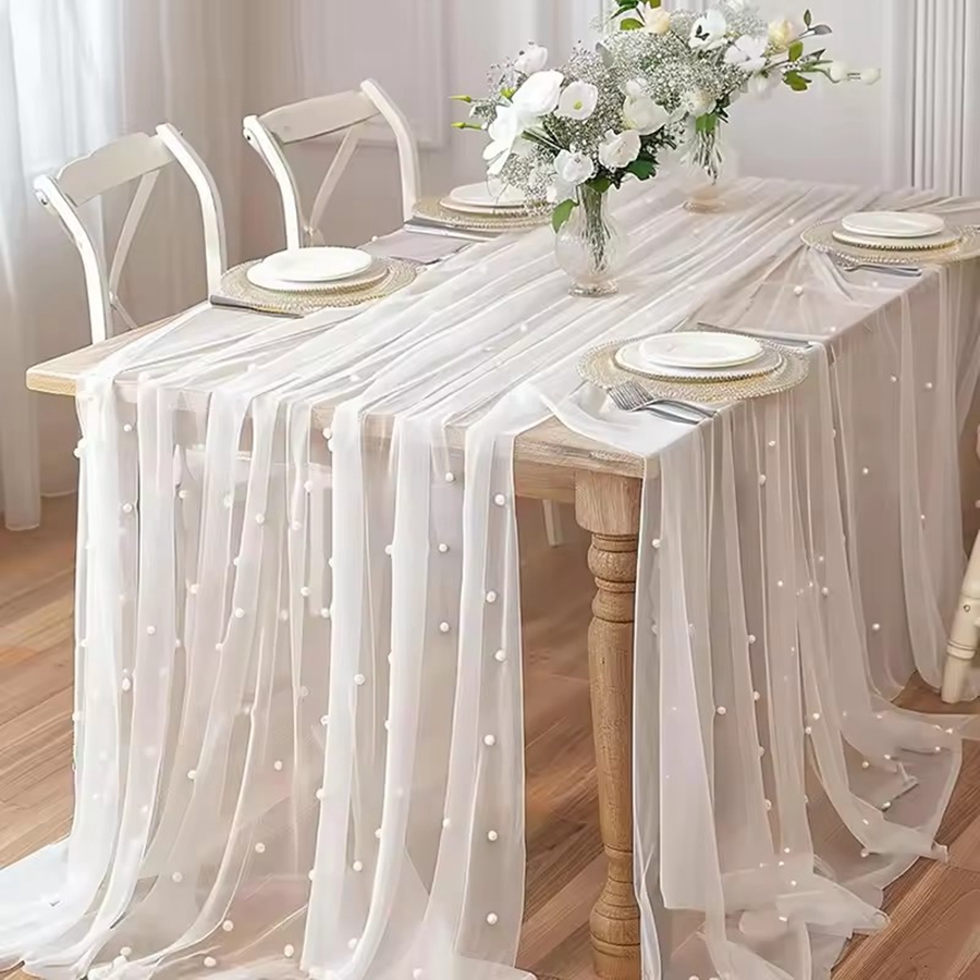 300x80cm Pearl Sheer Tulle Tab - Christmas Table Runner avaliação e preço