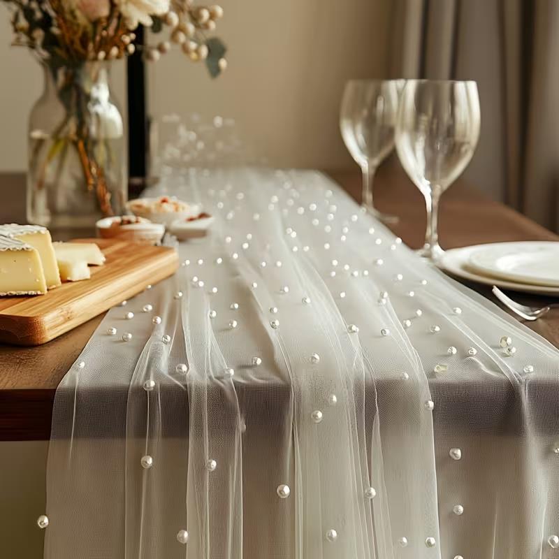 300x80cm Pearl Sheer Tulle Tab - Christmas Table Runner avaliação e preço